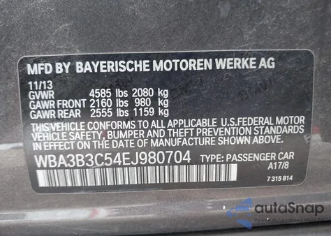 2014 BMW 328I xDrive из США, поврежденный, VIN WBA3B3C54EJ980704